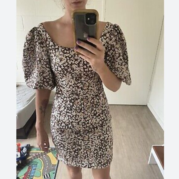 NWT Shona Joy Dahlia OTS Fitted Mini Dress Floral Size8 Brown Cocktail Linen - Picture 2 of 12